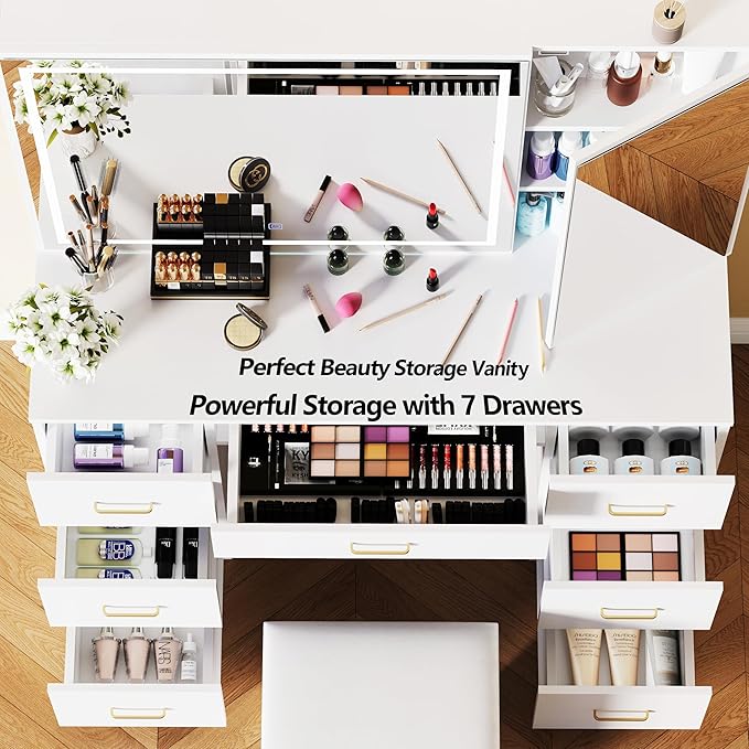Vanity Desk with Mirror and Lights, Large Storage Makeup Vanity with 7 Drawers, White Vanity Desk Table with Side Glass Cabinet, Adjustable Brightness Vanity Set with Stool for Dressing Room