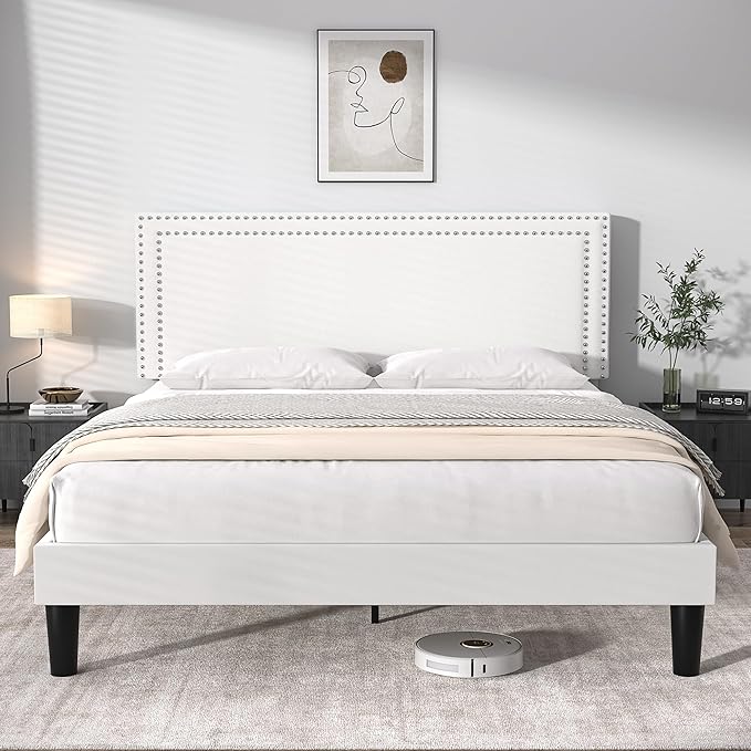 VECELO Full Size Platform Bed Frame with Height Adjustable Upholstered Headboard, Modern Mattress Foundation,Strong Wood Slat Support, No Box Spring Needed, Easy Assembly