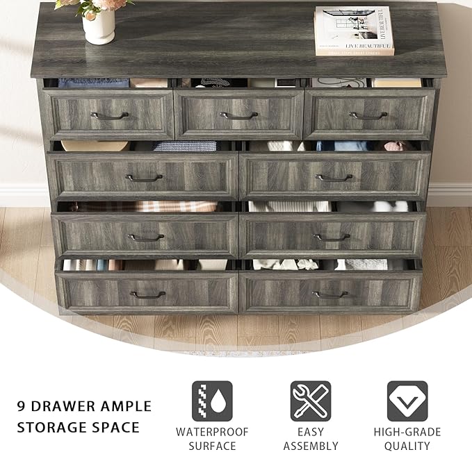 CARPETNAL Farmhouse 9 Drawer Dresser for Bedroom, 55 Inch Wide Modern Grey Dresser TV Stand with Large Drawers & Bar Handles, Rustic Wood Chest of Drawers for Bedroom, Living Room, Hallway, Entryway.