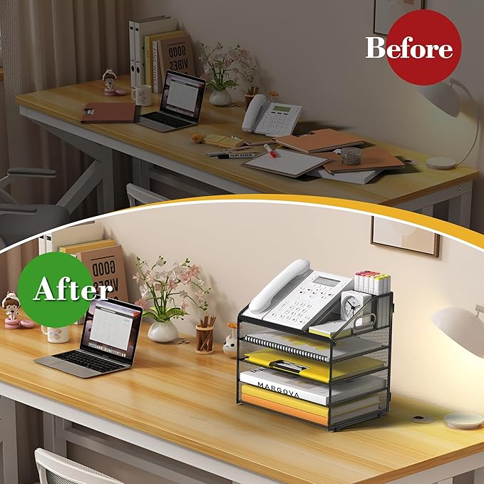 Letter Tray Paper, 5 Tier Desk Organizer with Pen Holder and Handle, Mesh File Organizer Paper Sorter Metal Desktop Document Shelf for Office Home Classroom - Black