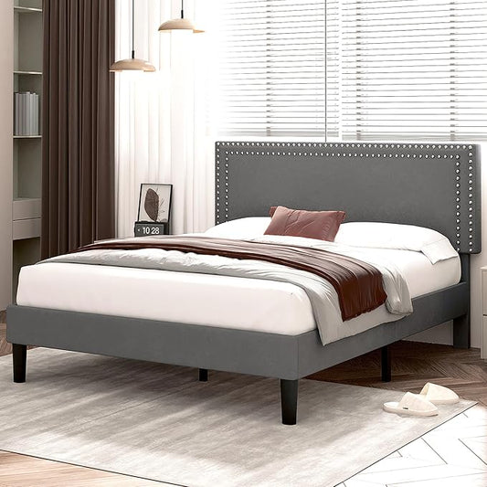 VECELO Full Size Bed Frame with Adjustable Upholstered Headboard, Wooden Slats Platform, Noise-Free Design, No Box Spring Needed, Easy Assembly