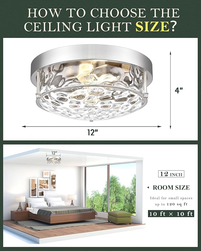 12" Flush Mount Ceiling Light, Brushed Nickel Finish, Hammered Glass Shade, Modern Farmhouse Style for Bedroom, Living Room, Dining – CKCL4822-2W-HGBN
