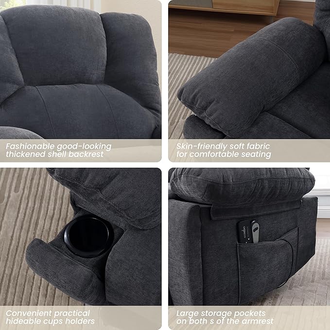 Oversized Power Recliner Chair 350lb with Hidable Cup Holders, Extra Wide Large Big Electric Recliner Chair with Lumbar Support Pillow Nursery Chair Living Room (Power, GREY-6001)