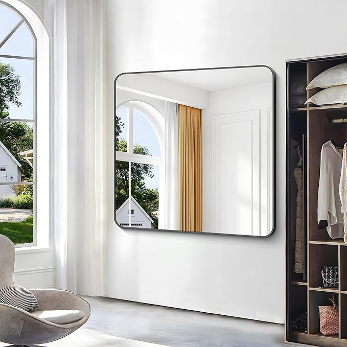 BONEWEI 48x48 inch Bathroom Mirror,Black Rectangle Mirror,Wall Mounted Bathroom Frame Vanity Mirror with Round Corner for Bedroom Living Room,Entryway Hangs Horizontal or Vertical