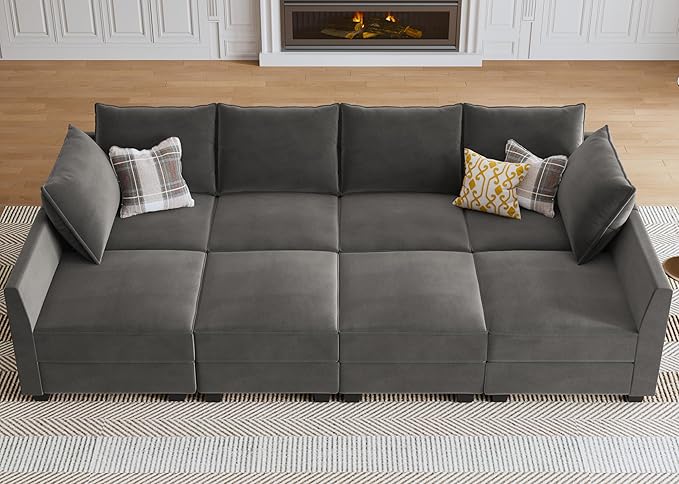 HONBAY Modular Sectional Sleeper Sofa Velvet Sleeper Couch with Storage Seats Oversized Sectional for Living Room,Grey