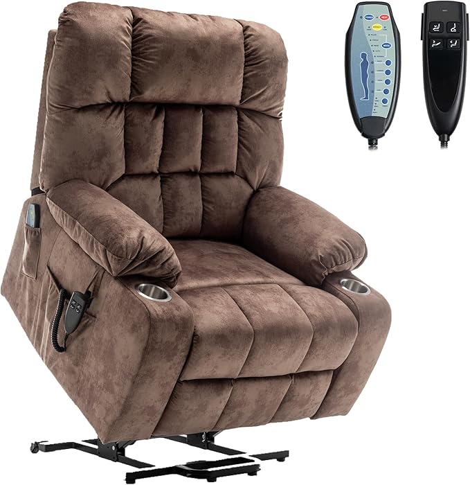Power Lift Recliner Chair with Massage and Heating for Elderly, Oversized Lay Flat Recliner, Big and Tall 400lbs, Dual Motors, Cup Holders, Heavy Duty, Adults (Brown)