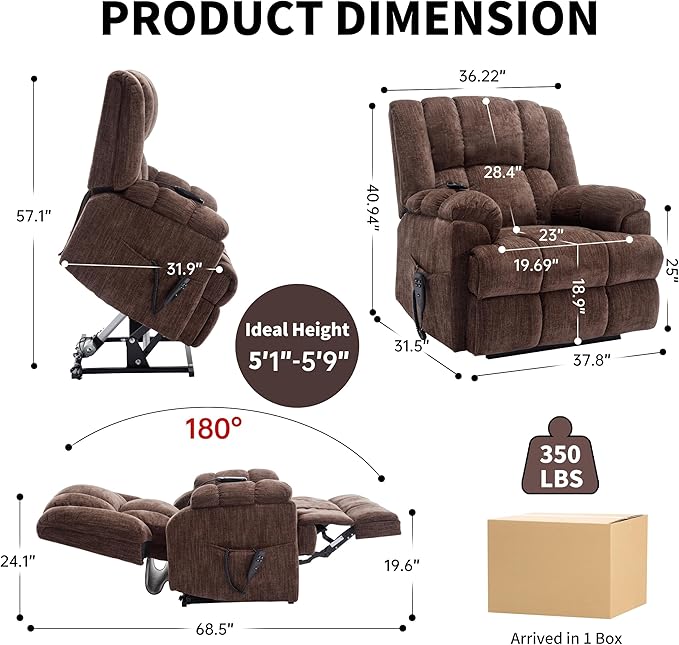Luxlen Power Lift Recliner Chair for Elderly, Heat Massage Recliners, Dual Motor Oversized Lift Chair, Medium-Firm Electric Lift Recliners with Remote - Dark Brown