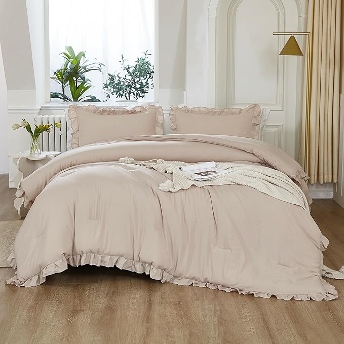 Litanika King Comforter Set Khaki, 3 Pieces Ruffle Farmhouse Aesthetic Bedding Comforter Set, Lightweight Fluffy Microfiber Bed Set (104x90In Comforter, 2 Pillowcases)