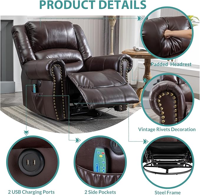 MEETWARM Massage Swivel Rocker Recliner with Heat and Vibration, Manual Glider Rocking Recliner Chair, 360°Swivel Lounge Reclining Chair with Remote Control/USB Ports for Living Room(Dark Brown)