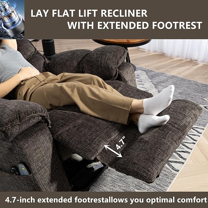 Oversized Lift Recliner with Extended Footrest for Seniors, Heavy Duty Recliners with Heat Massage, Extra Wide Seat, Arm Storage & Cup Holders, Lay Flat 160° for Elderly Big Tall Man 400lb