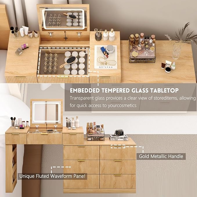 Fluted Vanity Desk with Flip Top Mirror and Lights, Wooden Makeup Vanity Desk with Glass Top & USB Ports, Modern Extendable Dressing Table with 9 Drawers Dresser and Cabinet, Dresser for Bedroom (Oak)