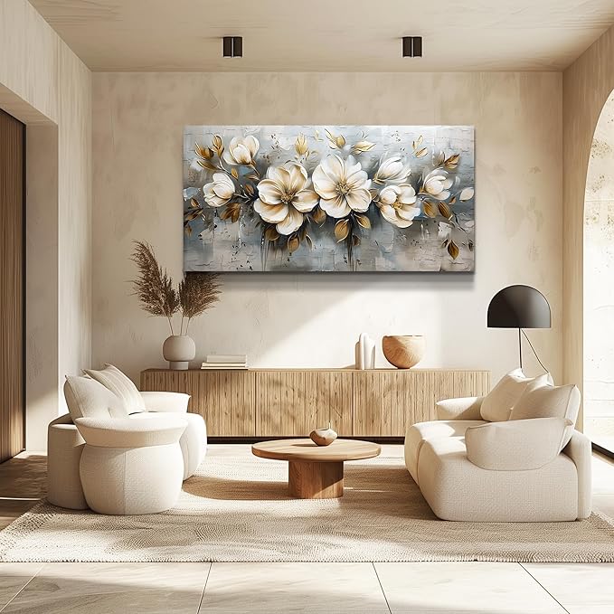 PHAOHUAXM Large Canvas Wall Decor Living Room For Wall Art For Bedroom Office Decorations Abstract White Flowers Wall Paintings Pictures Artwork Modern Framed Posters Home Decor Aesthetic 30"x60"