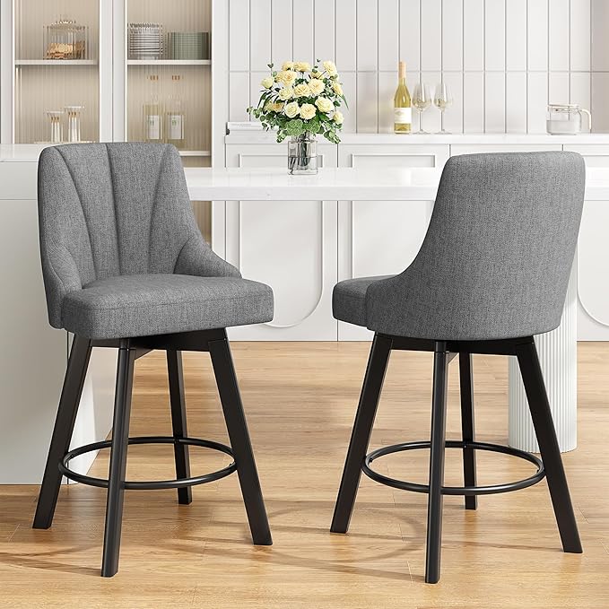 Swivel Bar Stools with Backs, 24" Counter Height Bar Stools Set of 8, Fabric Upholstered Counter Barstools with Solid Wood Legs for Kitchen Island, Home Bar, Dark Gray