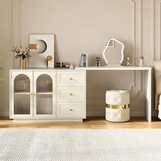RoyalCraft White Makeup Vanity Desk, Modern L Shaped Corner Vanity with Storage, Wood Large Dressing Table for Women Girlfriend, Extendable Makeup Table for Bedroom, Cream White (Without Mirror)