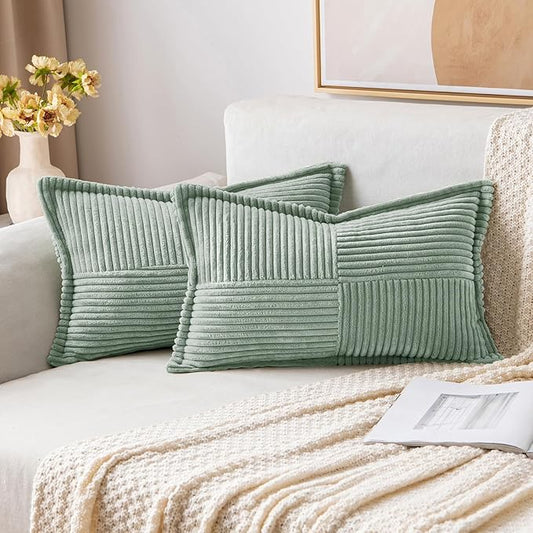 MIULEE Decorative Lumbar Throw Pillow Covers for Couch Bed Livingroom 12x20 Inch Set of 2 Greyish Green Boho Accent Throw Pllows Broadside Striped Patchwork Soft Corduroy Summer Pillowcases
