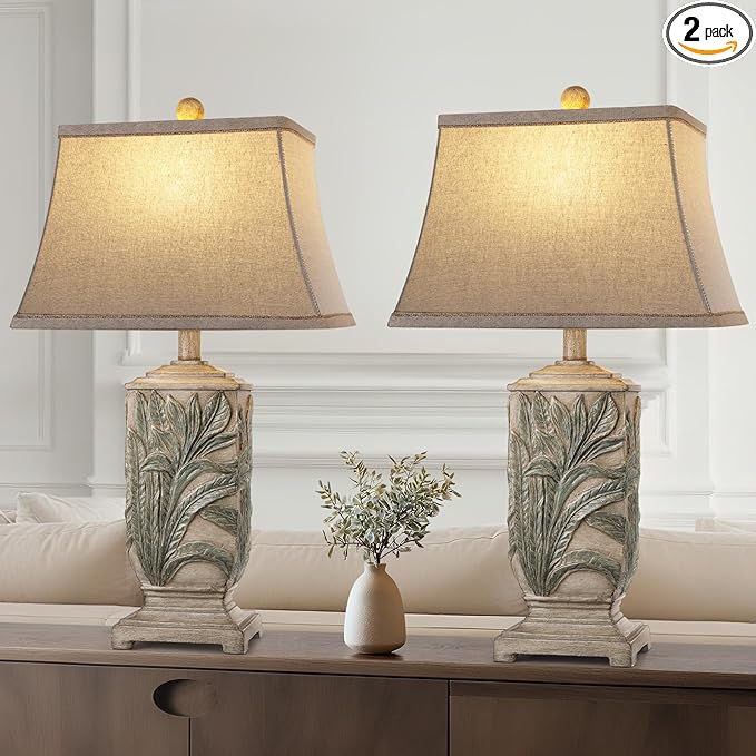 WIHTU 25" Vintage Table Lamps, 3 Color Temperature Palace Retro Beside Lamp Set of 2, Resin Desk Lamp for Livingroom Bedroom Nightstands, Rotary Switch, Carved Leaf(2 Bulbs Included)