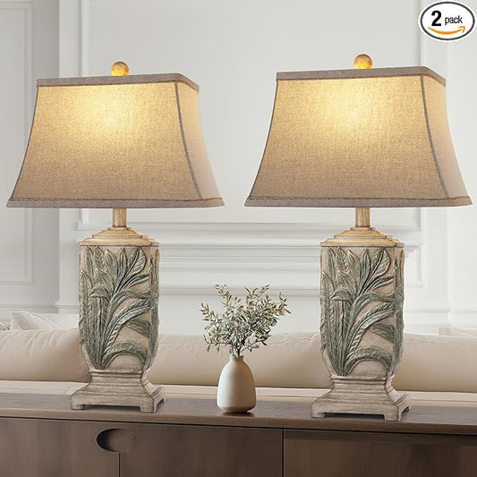 WIHTU 25" Vintage Table Lamps, 3 Color Temperature Palace Retro Beside Lamp Set of 2, Resin Desk Lamp for Livingroom Bedroom Nightstands, Rotary Switch, Carved Leaf(2 Bulbs Included)