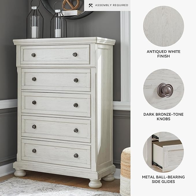 Signature Design by Ashley Robbinsdale Traditional 5 Drawer Chest, Antique White