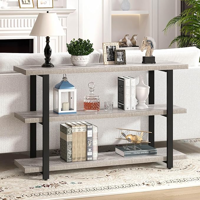 FOLUBAN Sofa Table, Wood Entryway Table with Storage Shelves for Living Room, Modern Console Tables for Hallway, Entrance, or Behind Couch, Light Grey, 47 Inch