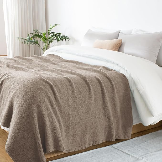 Carriediosa Wool Blend Knit Throw Blanket 60" X 80", 50% Recycled Polyester Soft Cable Knitted Fluffy Throws for Couch Lightweight Woven Blankets for Sofa Fuzzy Cozy Bed Cover, Taupe
