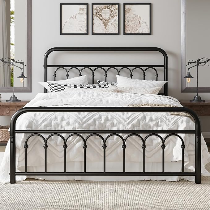 Allewie 14 Inches Full Size Metal Platform Bed Frame with Victorian Style Curved Iron-Art Headboard/Footboard, Metal Slats Support, Easy Assembly, Under Bed Storage, No Box Spring Required, Black