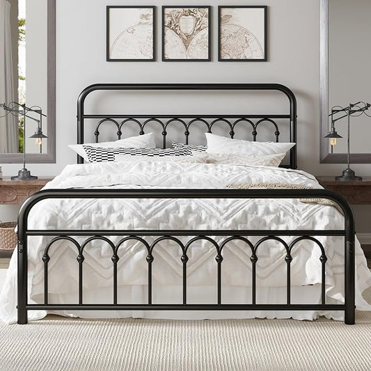 Allewie 14 Inches Full Size Metal Platform Bed Frame with Victorian Style Curved Iron-Art Headboard/Footboard, Metal Slats Support, Easy Assembly, Under Bed Storage, No Box Spring Required, Black