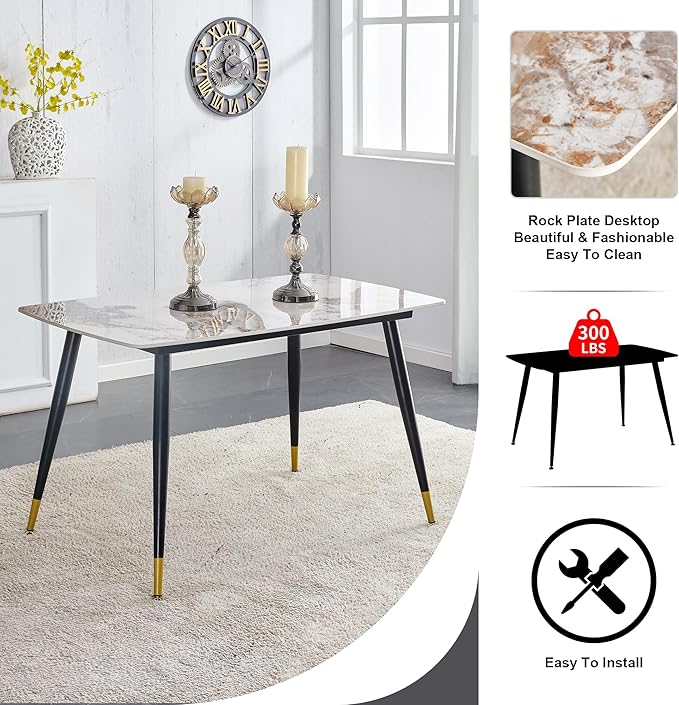 Modern Granite Dining Table Set for 4, 50" Sintered Stone Table and 4 Black PU Leather Chairs