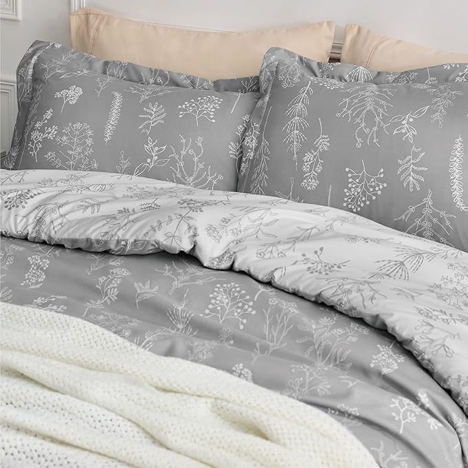 Bedsure California King Comforter Set - Grey Bed Set, 3 Pieces Cute Floral Bedding, 1 Soft Reversible Botanical Flowers Comforter and 2 Pillow Shams