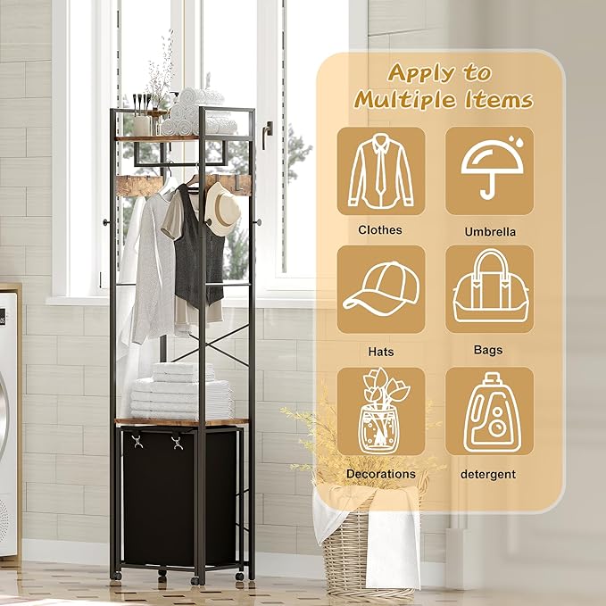 Coat Rack with Laundry Basket, Laundry Hamper Freestanding Hall Tree, Clothes Rack with Storage Shelves, 14.5 Gal Removable Bags on Wheels, Black and Brown JLH005SR