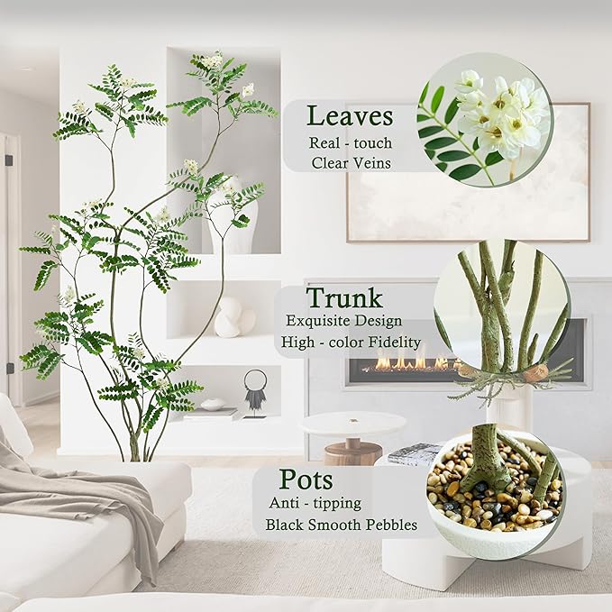 Artificial Locust Tree：6FT Faux Black Locust Floor Plant with White Flowers Small Round Silk Leaves & Elegant Branches in Beige Ribbed Planter for Indoor Home Office Decor Hotel Patio Studio