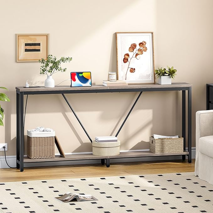 HOOBRO 70.9" Extra Long Sofa Console Table with Charging Station, 2-Tier Behind Couch Table with V-Brace, for Narrow Entryway, Hallway, Living Room, Greige BG186UXG01