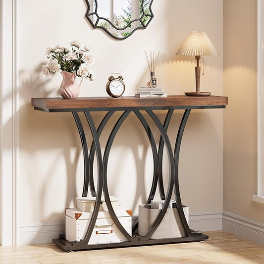 JUSTOGO 41.3" Industrial Entryway Table, Narrow Wood Sofa Console Table with Geometric Metal Legs and Ellipse Base, Living Room Furniture for Foyer, Hallway, Entrance, Rustic Brown