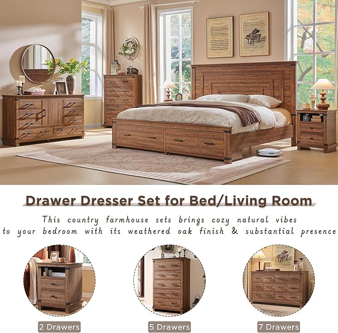 RedLemon Farmhouse 8 Drawers Dresser for Bedroom, Wood Large Chest of Drawers with Thick Plank, Rustic Dresser for Bedroom, Living Room, Reclaimed Barnwood Color