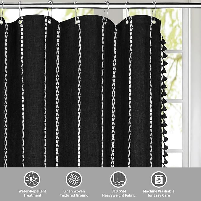 MitoVilla Boho Extra Long Shower Curtain 72 x 84, Black 84 inch XL Polyester Linen Tassel Fabric Shower Curtain Set with Hooks for Vintage Country Farmhouse Bathroom Decor, Thick & Wrinkle Resistant
