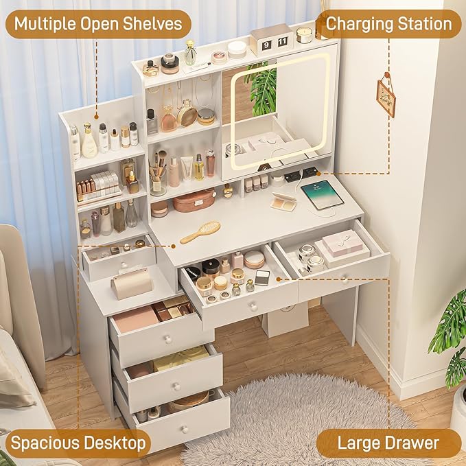 Vabches Makeup Vanity with LED Lights Mirror and Charging Station, Vanity Desk with Multiple Shelves and Drawers, Dressing Desk with 3 LED Light Models for Bedroom, White