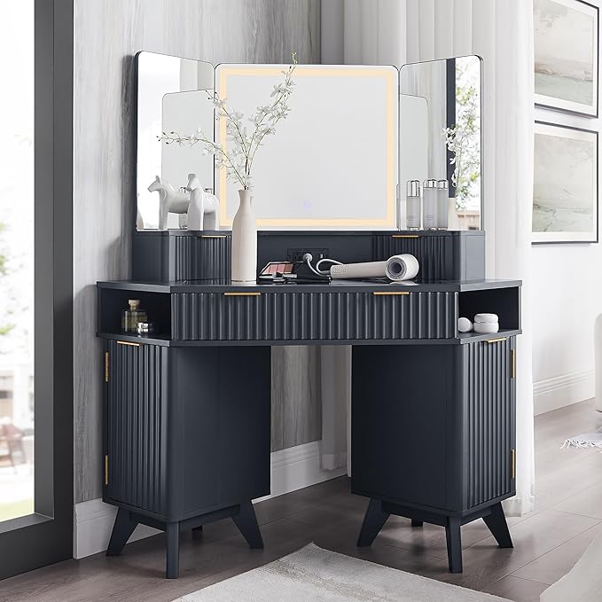 T4TREAM Fluted Makeup Vanity Desk with 3 Way Mirror and Lights, 48" Large Corner Vanity Table with Glass Top, Charging Station, 3 Drawers, Storage Cabinets & Shelves, for Bedroom, Dark Grey