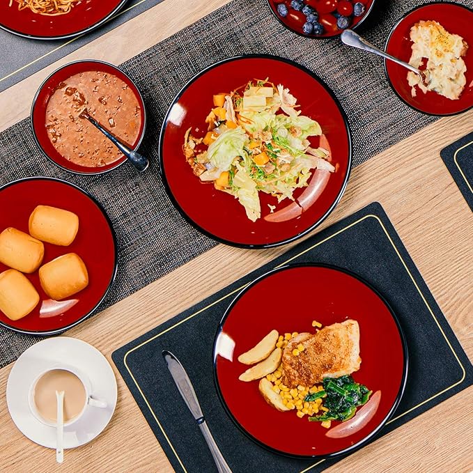 TP 18-Piece Dinnerware Set, Melamine Dishes Set with Bowls and Plates, Service for 6, Non-breakable Lightweight Dining Tableware, Black and Red