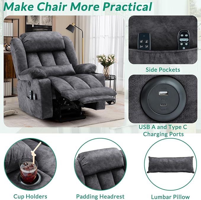 VIVIJASON Tall Man Large Dual Motor Power Lift Recliner Chair with Extended Footrest, Oversized Lay Flat Sleeper Electric Recliner W/Heat & Massage, Lumbar Pillow, USB & Type-C Ports, Plush Gray