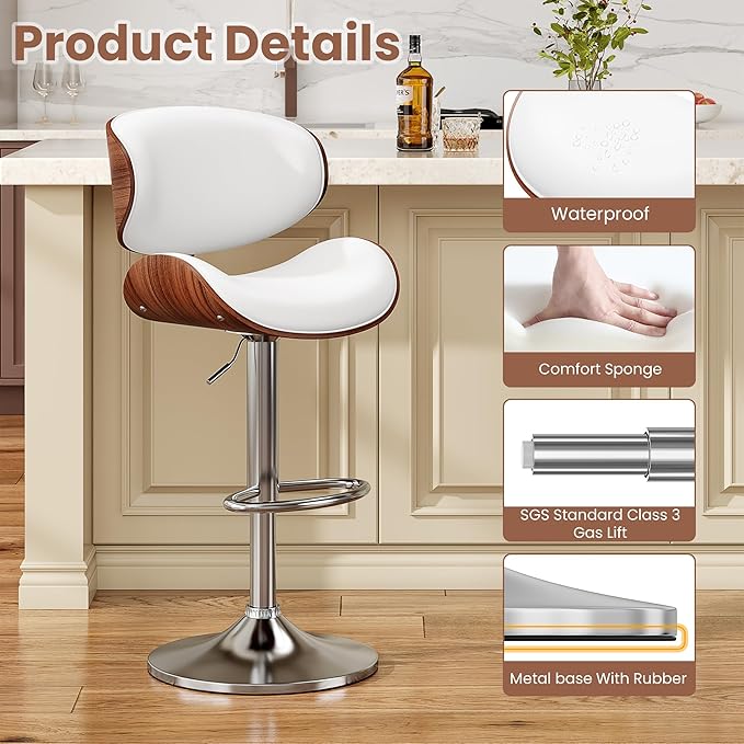 Bar Stools Modern Swivel Bar Chairs, Barstools Counter Height with Backrest for Bar, Kitchen, Dining Room White