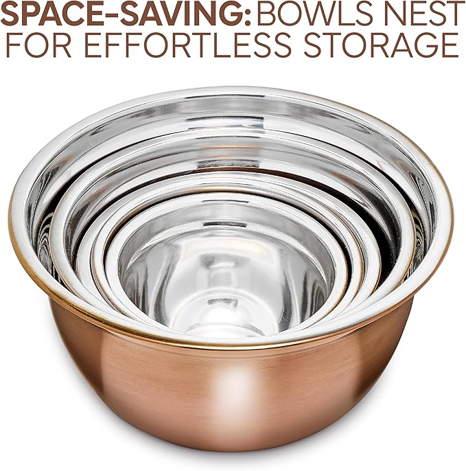COOK WITH COLOR 18 Piece Mixing Bowls Set with Airtight Lids, Stainless Steel Bowl Organizers, Food Storage Containers, Meal Prep, Nesting Salad Bowls For Cooking, Baking, Kitchen Use, Copper