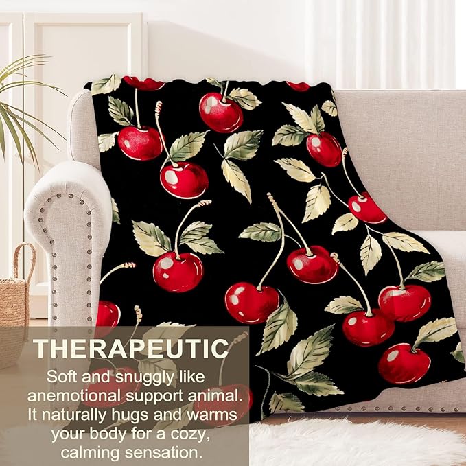 Cherry Blanket for Women Adults, Flannel Cherry Blankets Gifts, Cherry Throw Blanket for Sofa Bed Living Room Soft Warm Cozy Cherry Decor 50" x 40"