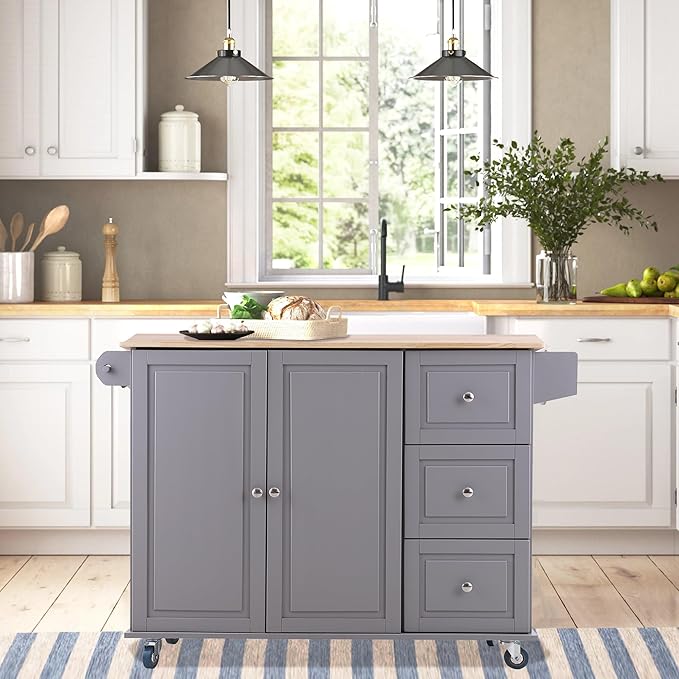 PHI VILLA Kitchen Island Cart on Wheels - Mobile Kitchen Island with Drop Leaf, Rolling Kitchen Table with Storage