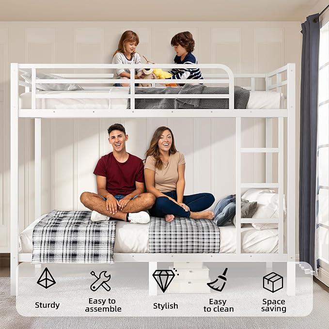 Full Over Full Bunk Bed Frame, Heavy Duty Metal Loft Bed for Adults/Teens, 350/500LB Capacity w/Ladder & Guardrail, Noise-Free Steel Slats, No Box Spring Required, White