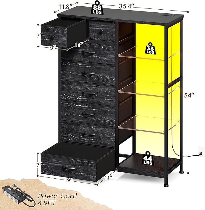EnHomee Dresser for Bedroom with LED Lights & Power Outlets Tall Dresser with 8 Drawers Fabric Dressers & Chests of Drawers for Bedroom, Closet, Sturdy Metal Frame, Acrylic Plates (Charcoal Black)