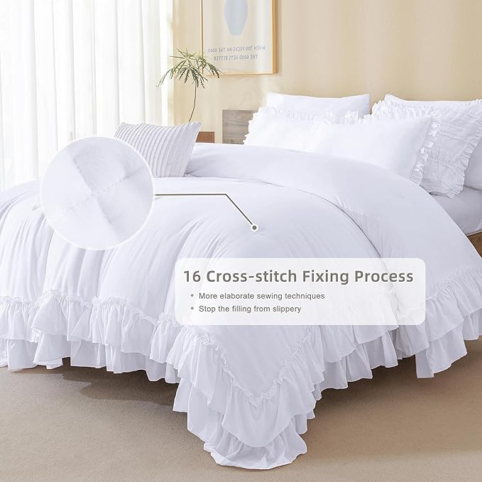 QSH White Farmhouse Ruffled Comforter Set King Size Shabby Boho Chic White Bedding Comforter King Lightweight Fluffy Ultra Soft Microfiber Inner Fill Bedding Set 3 Pieces