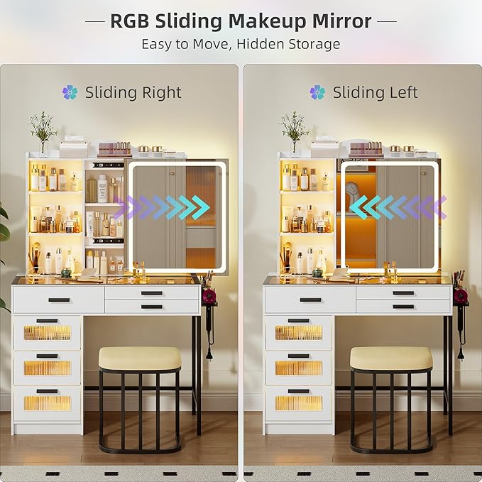 RGB Vanity Desk with Sliding Mirror and Lights,Makeup Vanity with Charging Station,LED Vanity Table with Glass Top,Girls Vanities Dressing Table Set with Stool&6 Drawers for Bedroom(White