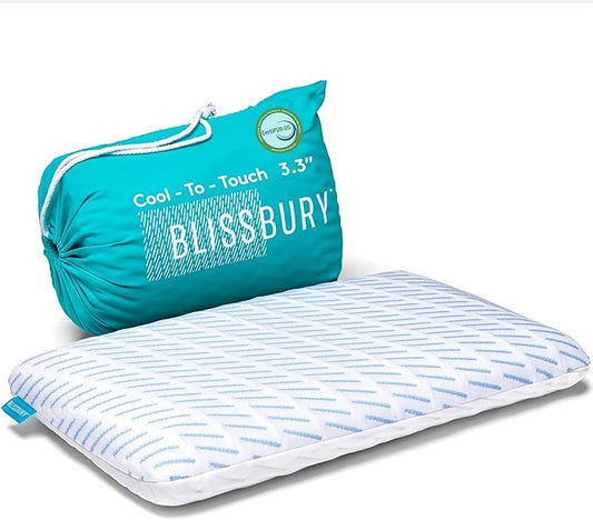 BLISSBURY 3.3 Inch Cooling Super Thin Pillow for Sleeping | Flat for Stomach & Back Sleeper | Cooling Memory Foam to Provide Comfort When Resting | Removable Cool-to-Touch Pillow Case