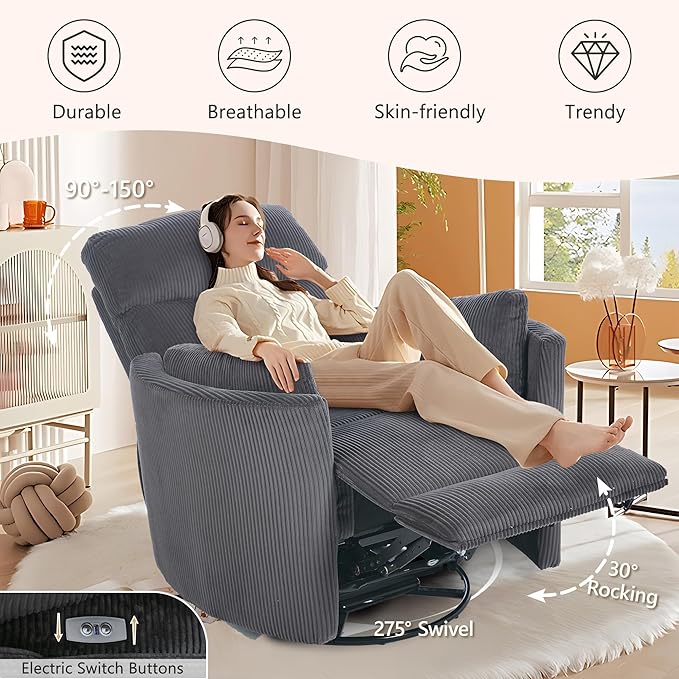 Power Swivel Glider Rocking Recliner Nursery Chair, Corduroy Rocker Recliner with USB, 2 Pillows, Barrel Armchair Single Sofa for Living Room Bedroom, Dark Grey