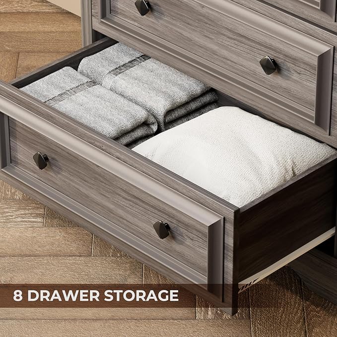 Grey Dresser, 48" Tall Dresser with Natural Texture & Metal Handles, 6 Drawer Chest of Drawers for Bedroom, Living Room, Hallway, Vintage Design