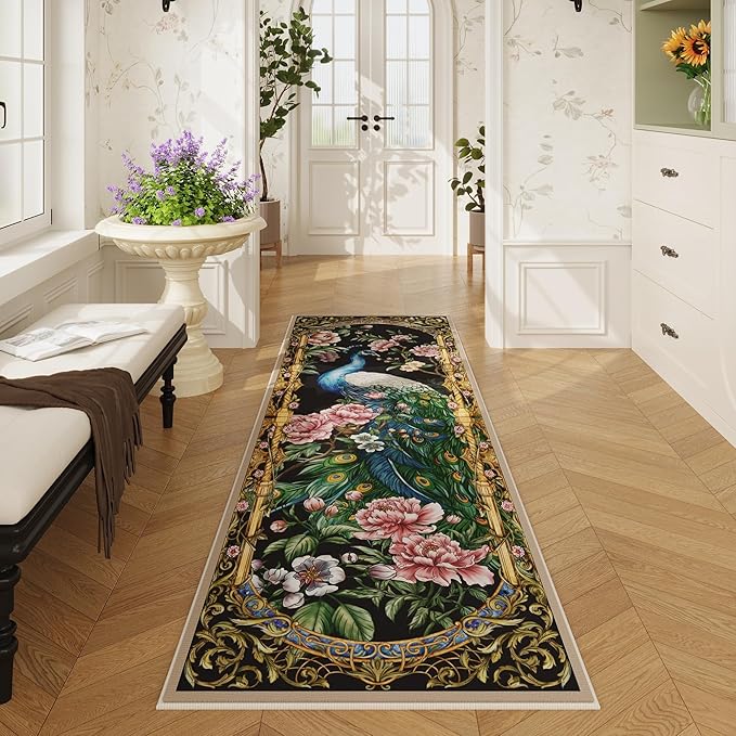 Runner Rug for Kitchen 2'6"x8' Washable Rugs with Rubber Backing Soft Floral Peacock Floral Animal Carpet Runner for Kitchen, Laundry, Bedroom, Bathroom (Black)